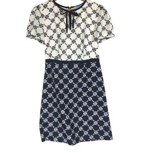 Draper James Celia Navy White Floral Lattice Dress Midi Tie Keyhole Neck‎ Size 2